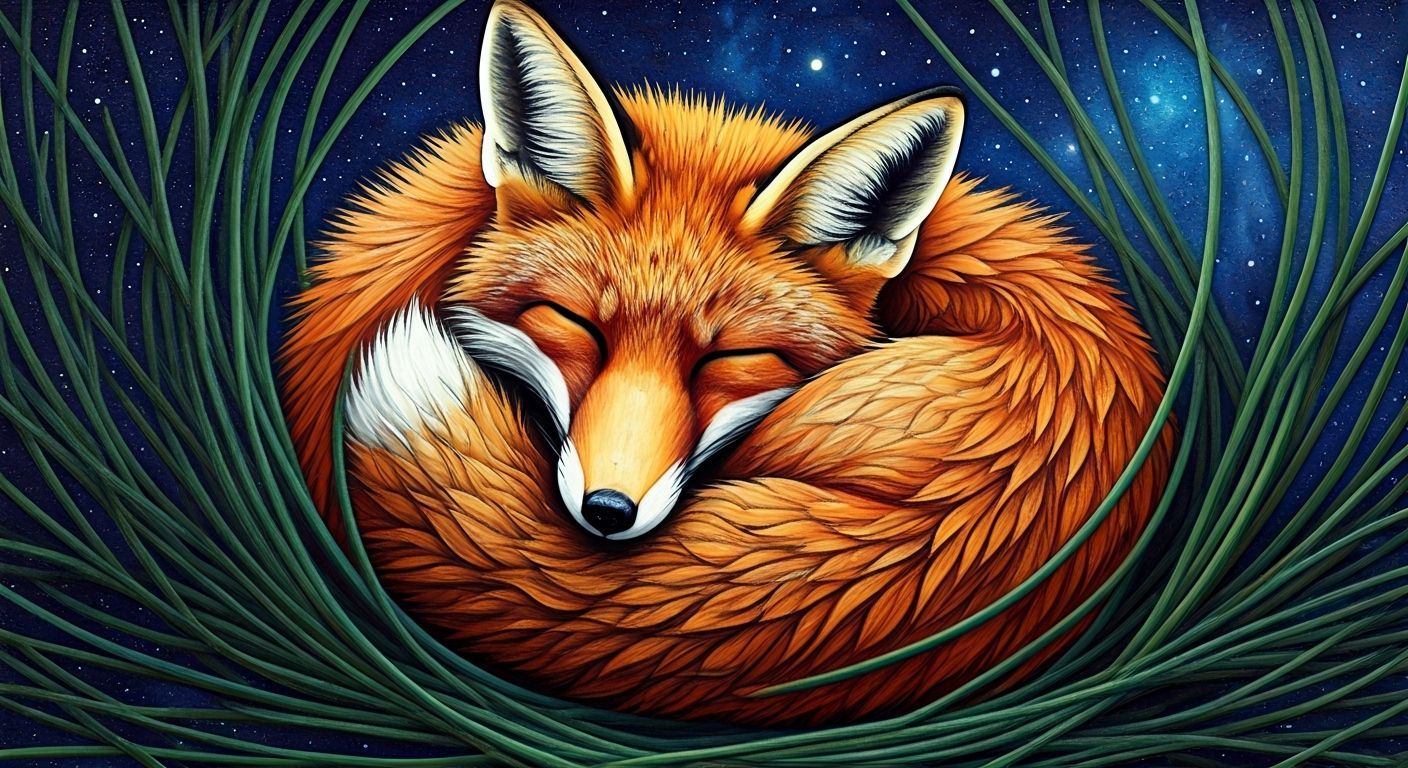 Textured Collage of a Sleeping Fox in Starry Night