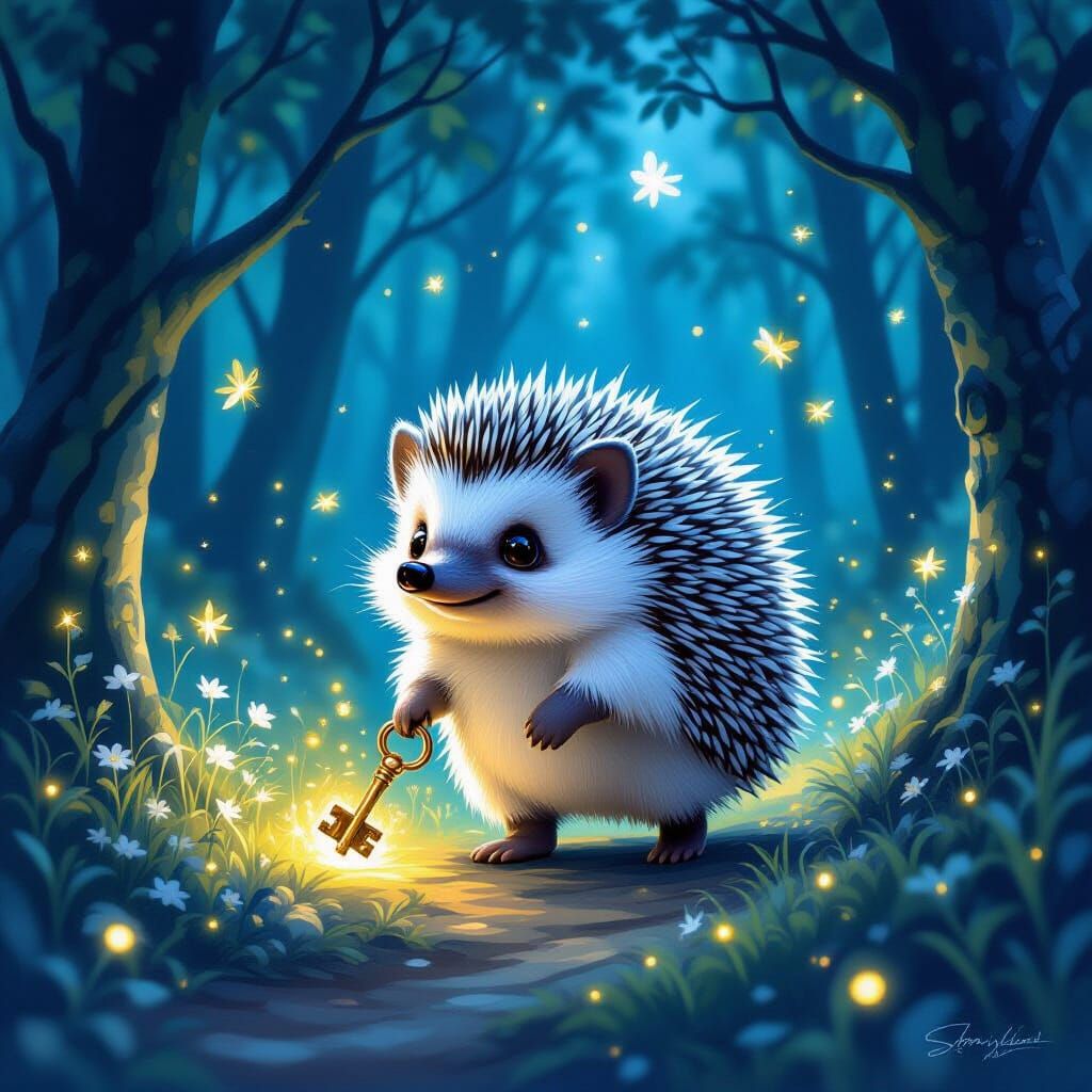 Silver Hedgehog in Ethereal Forest, Fantasy Art