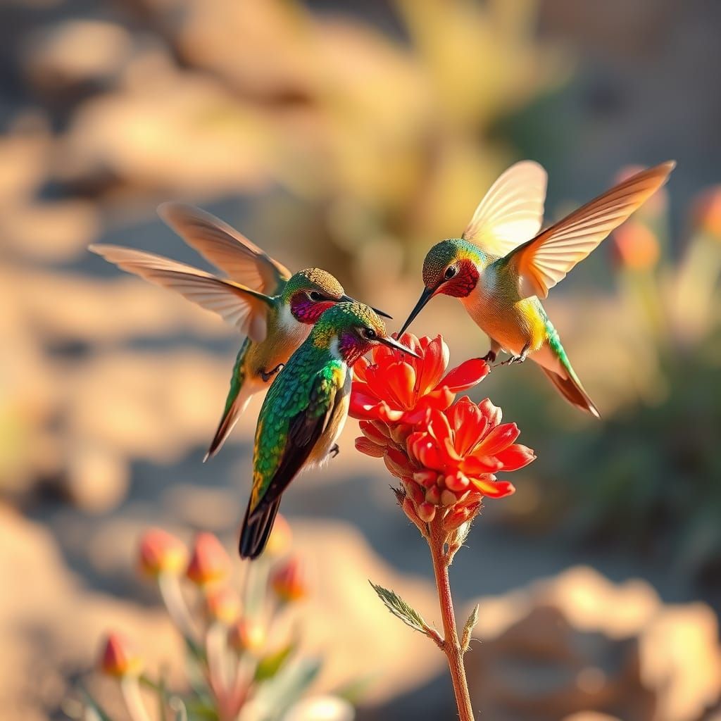 Hummingbirds in New Mexico Amidst Vibrant Red Flowers