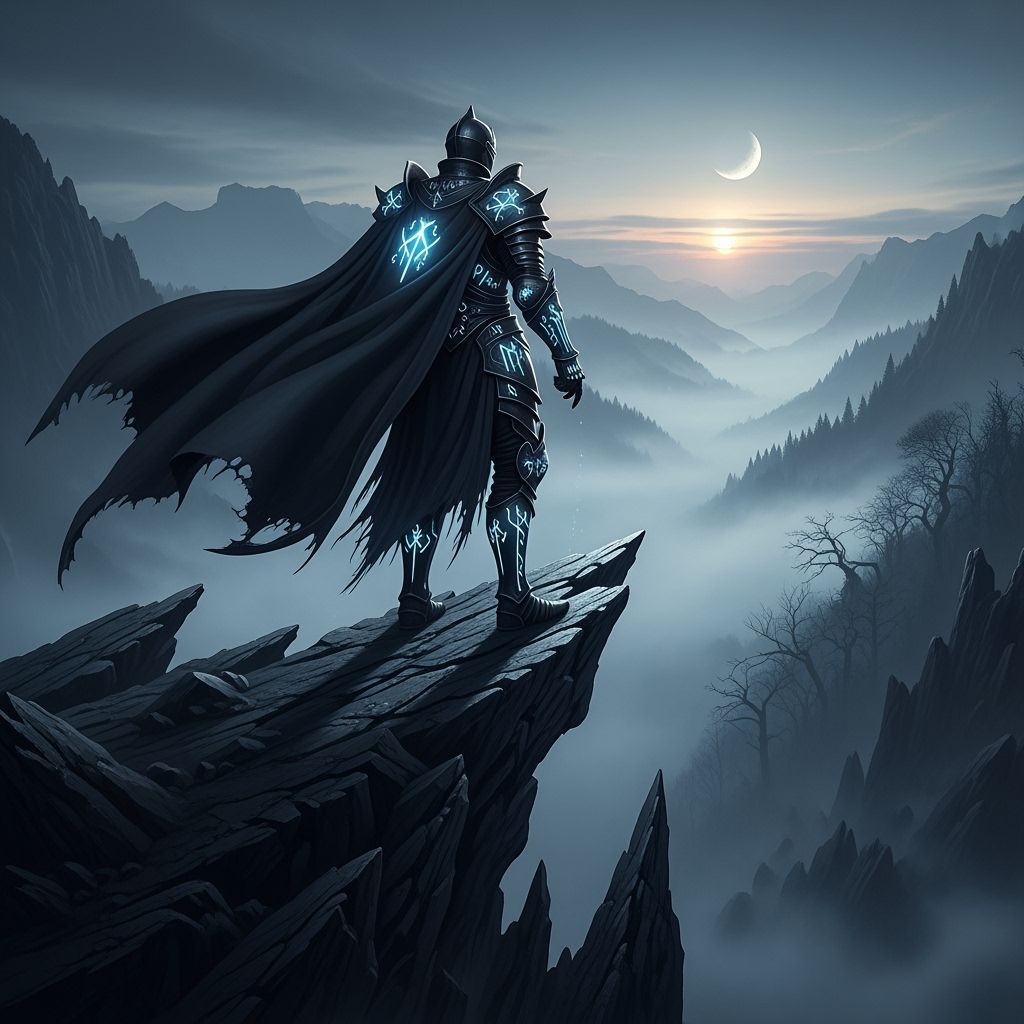 Dark Knight on Windswept Crag at Twilight