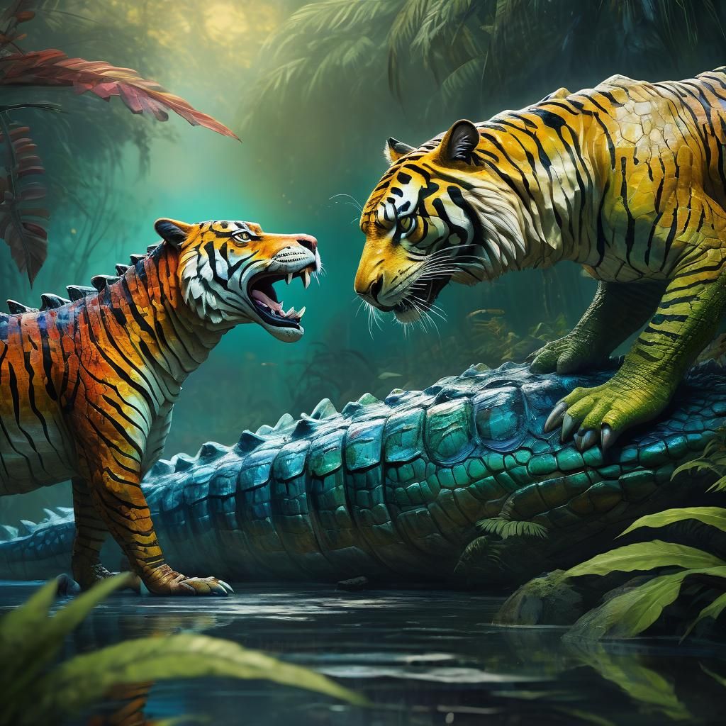 Crocodile and Tiger in a Jungle Oil Painting