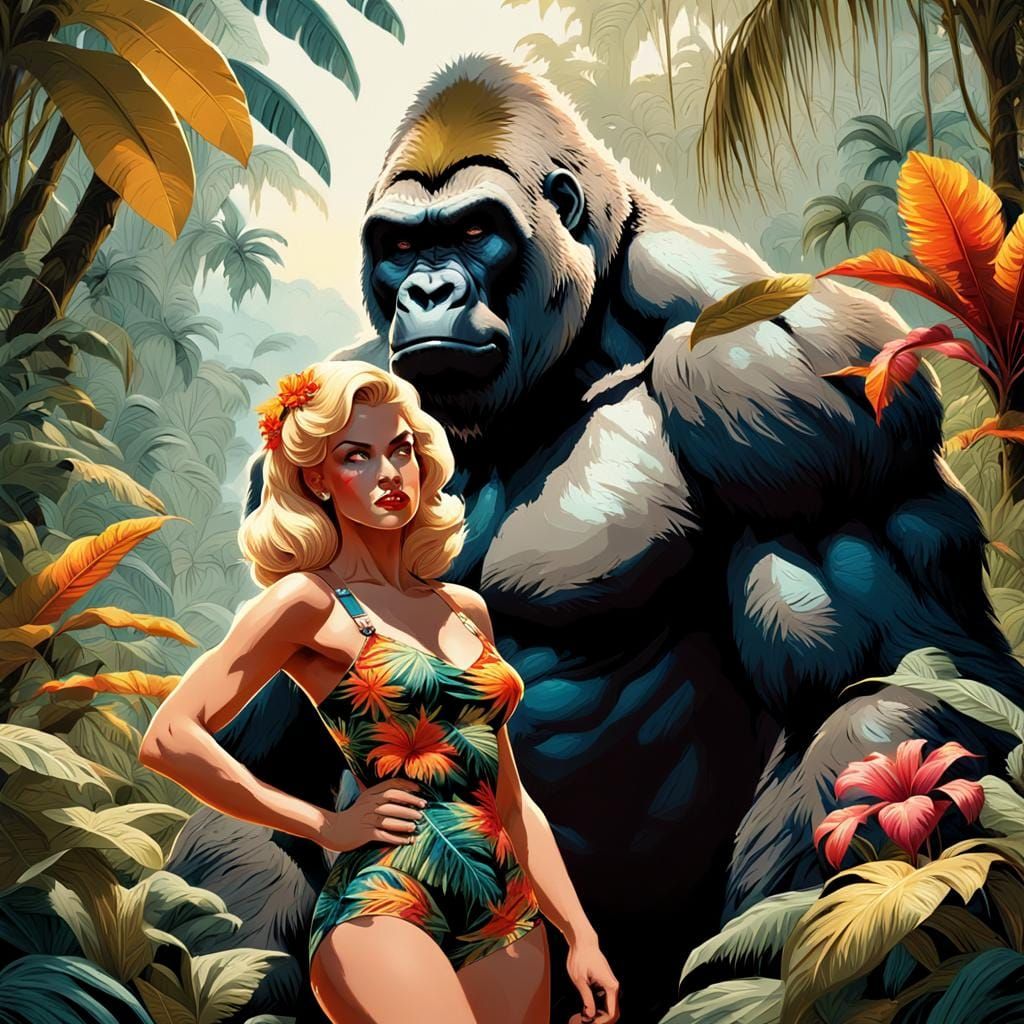 Pin-Up Girl with Gorilla in Splash Art Style