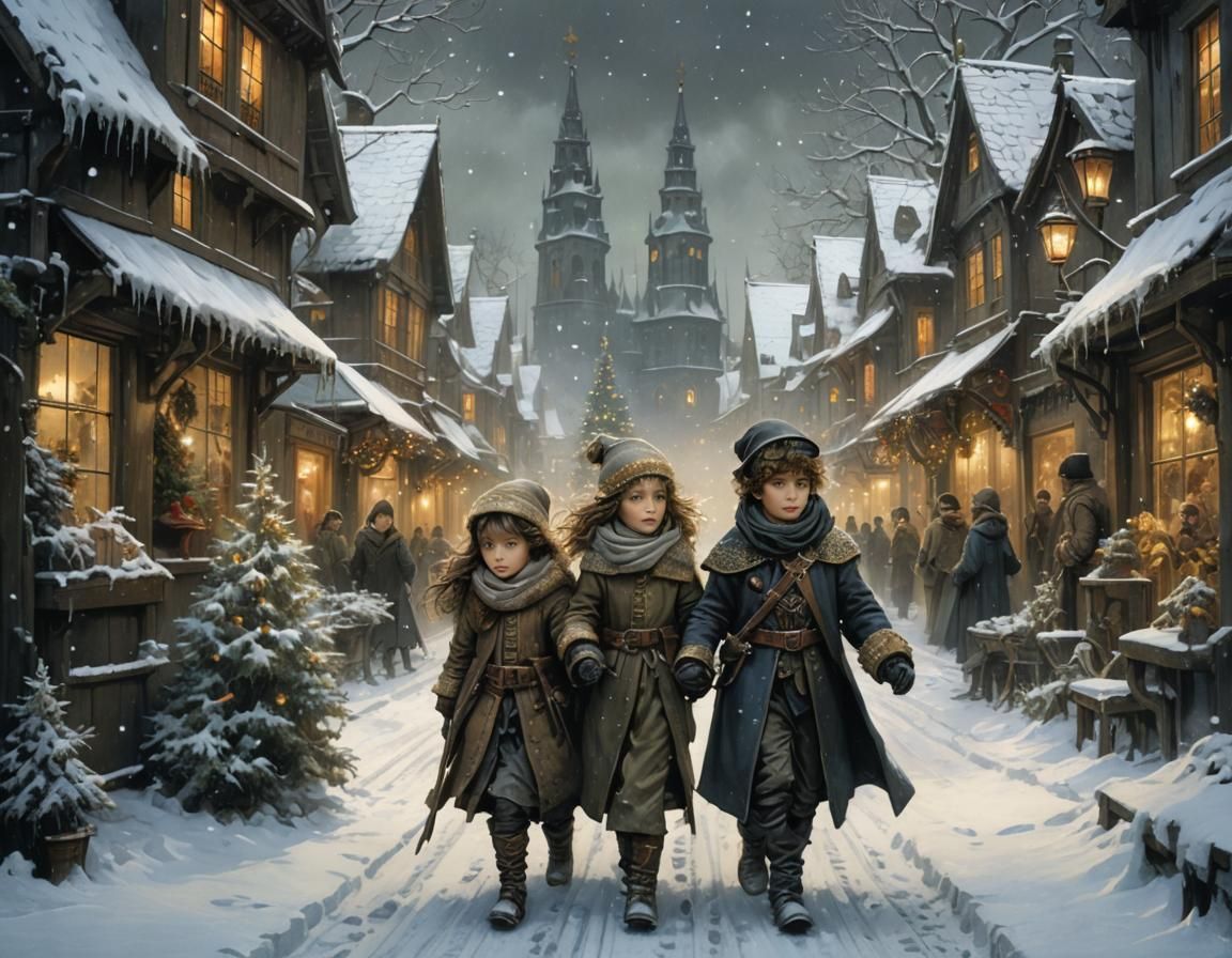 Christmas Streets: Detailed Fantasy Art of Siblings