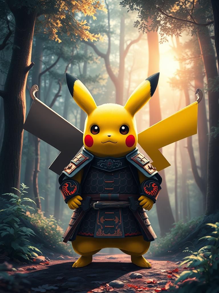 Pikachu Samurai in Mystical Anime Forest