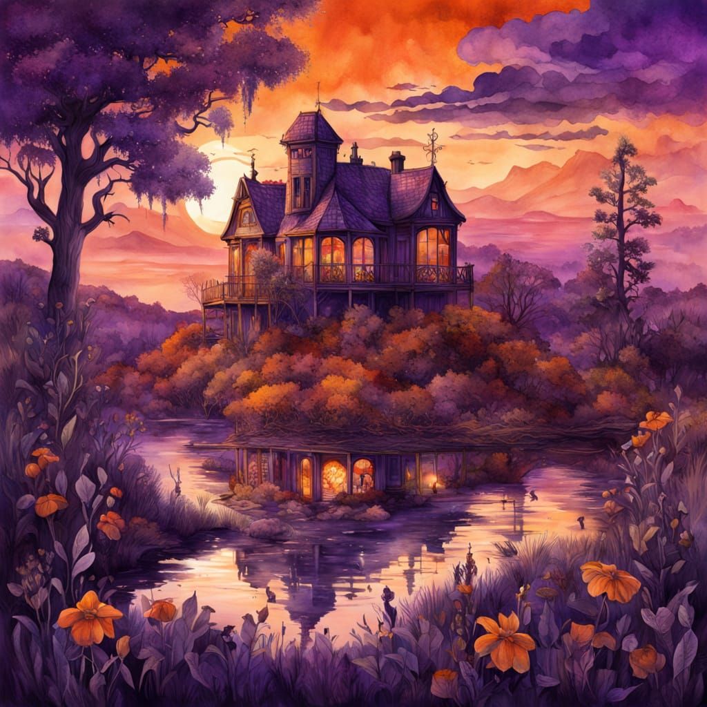 Vivid Wilderness Sunset in Watercolour Illustration