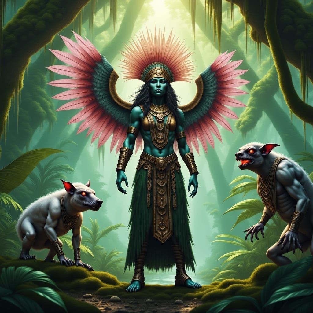 Aztec Goddess, Angel, and Goblin in Fantasy Forest
