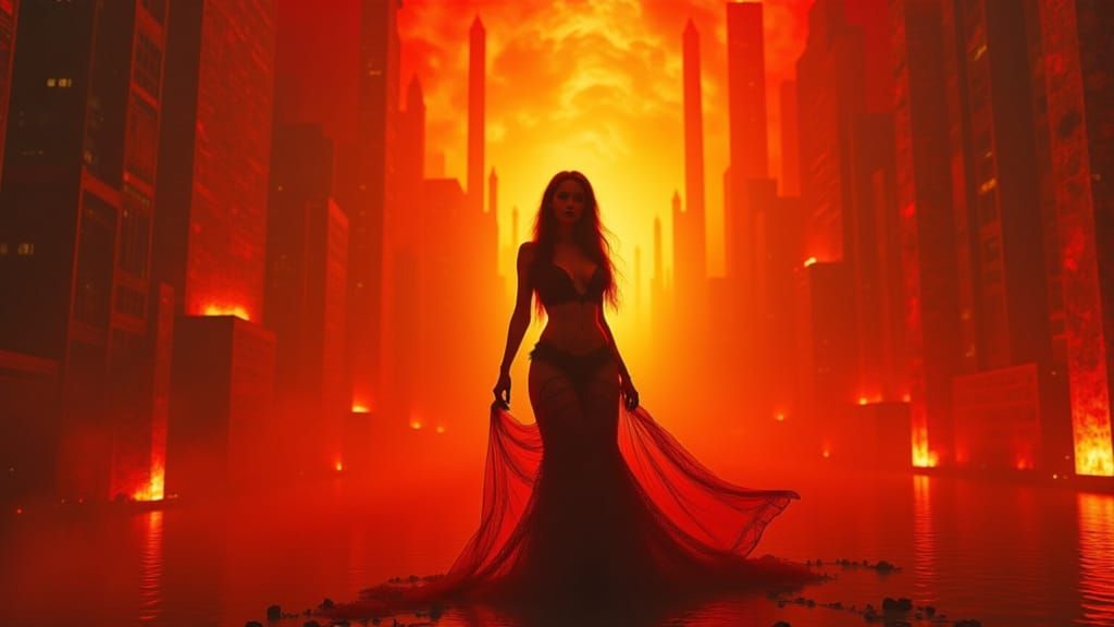 Futuristic Woman in Flowing Red Attire