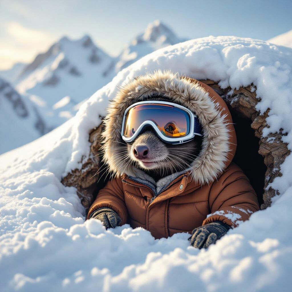 Mole Skier on Snowy Peak, Storybook Illustration