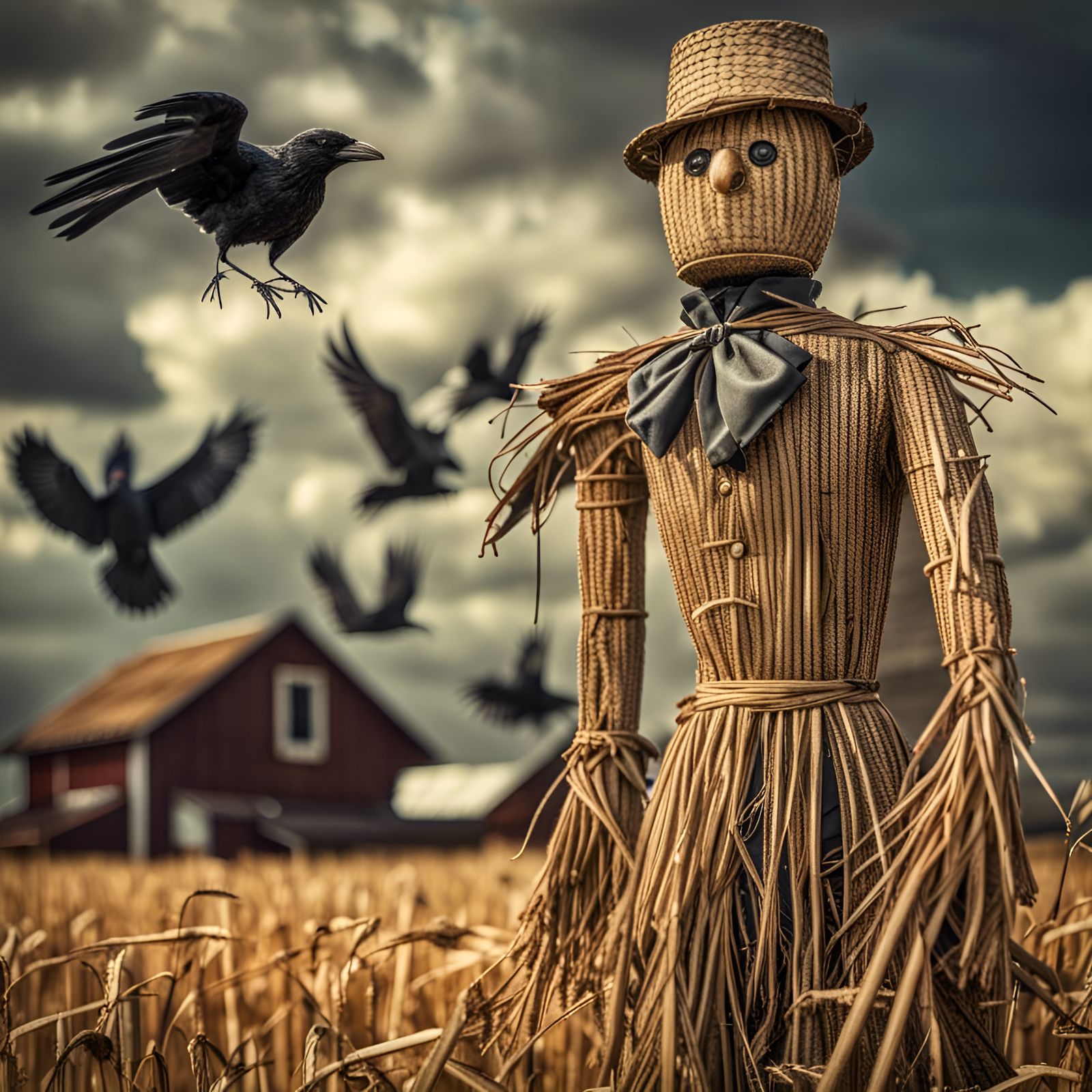 Hyperrealistic Scarecrow with Crows in Flight