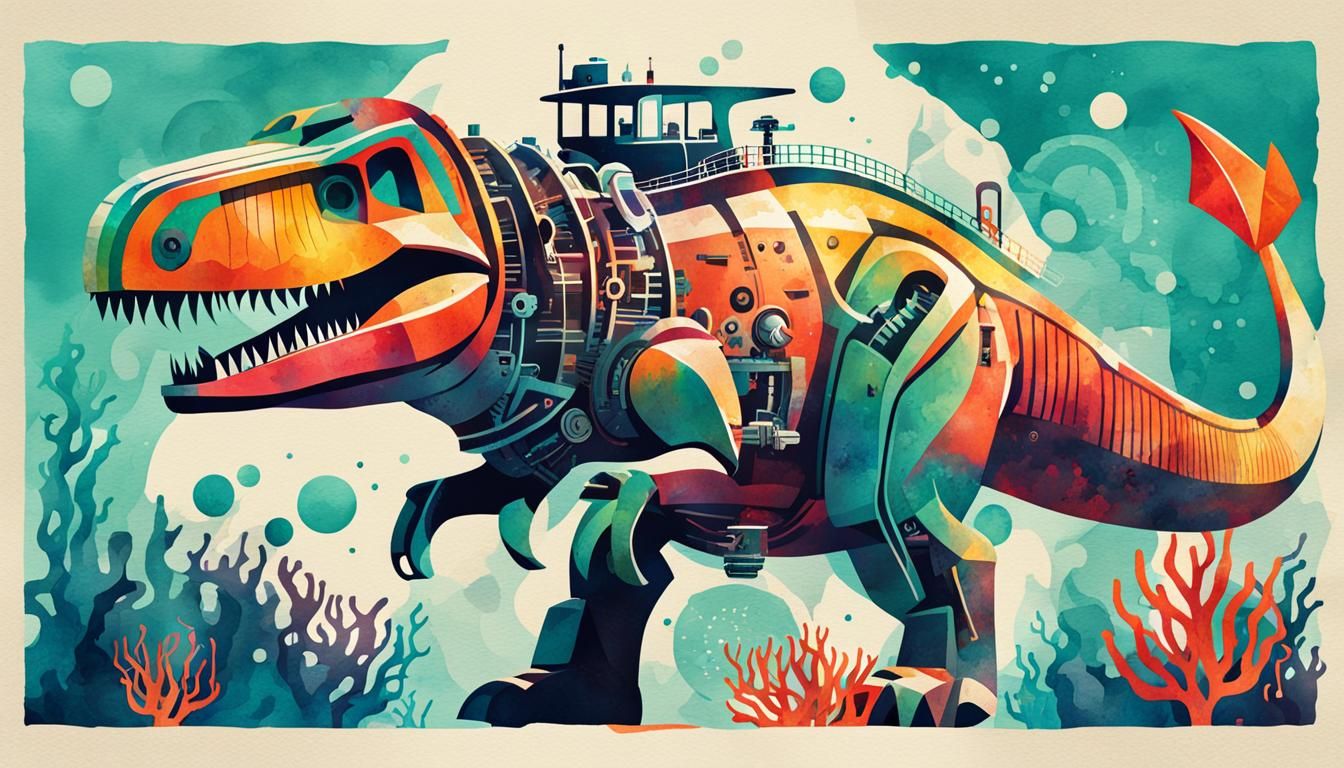 Happy Mechanical Underwater T-Rex in Sci-Fi Atlantis
