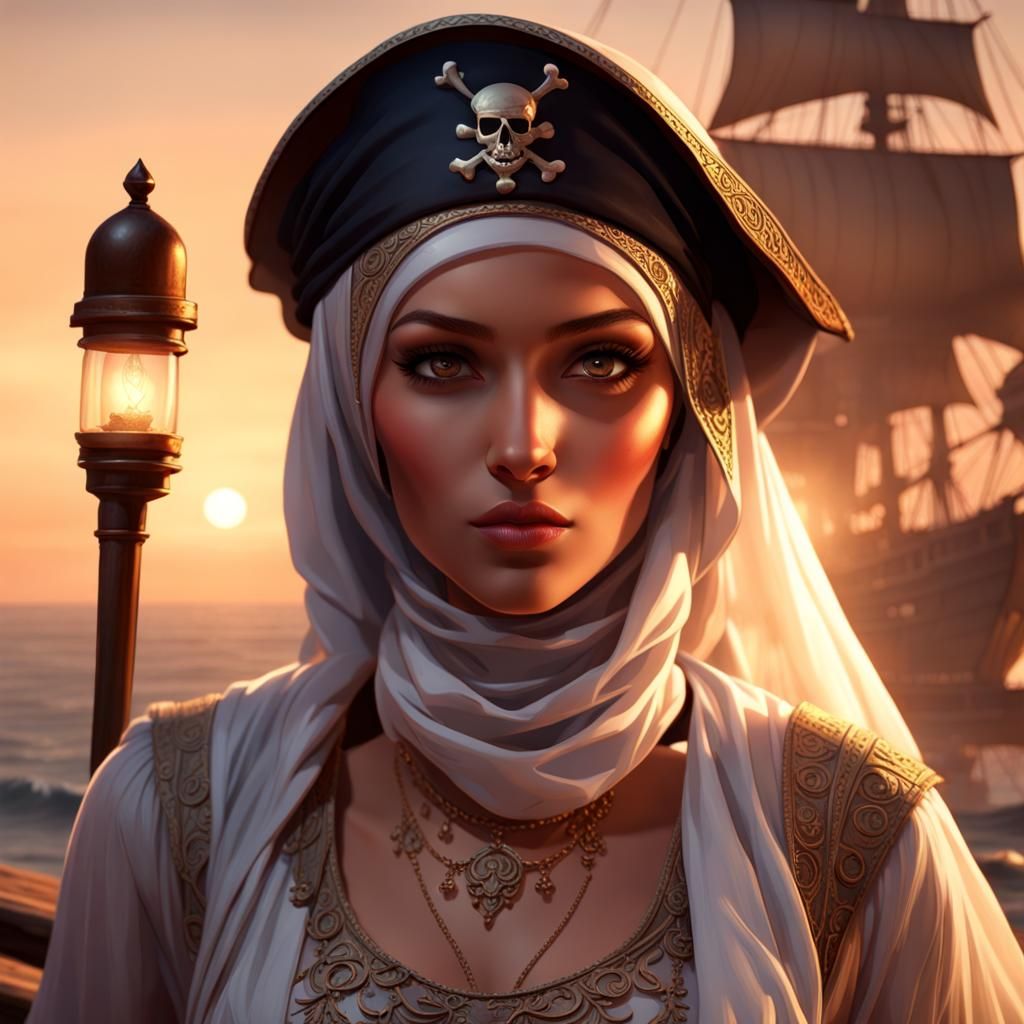 Intricately Detailed Hijabi Pirate at Dawn