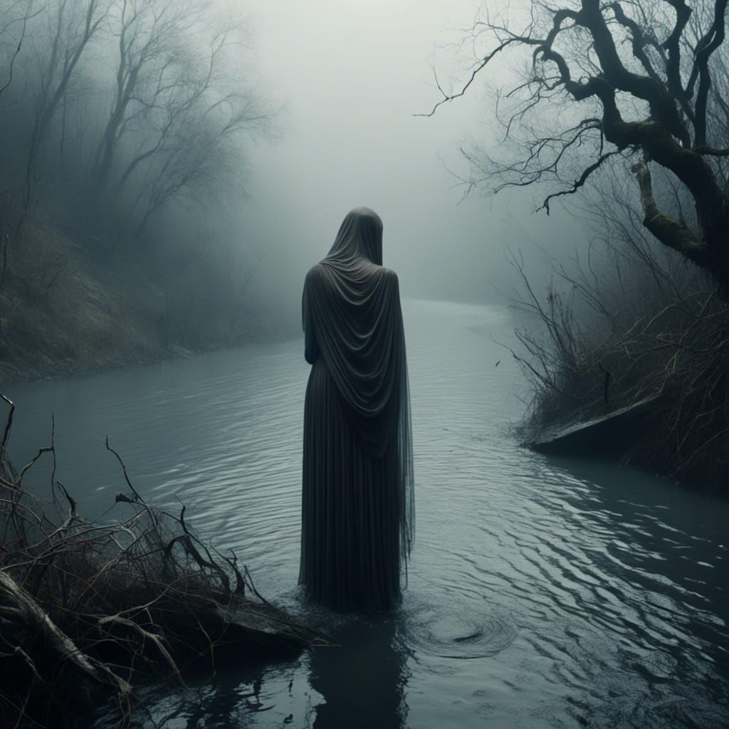 Distressed Woman with Baby Enters River