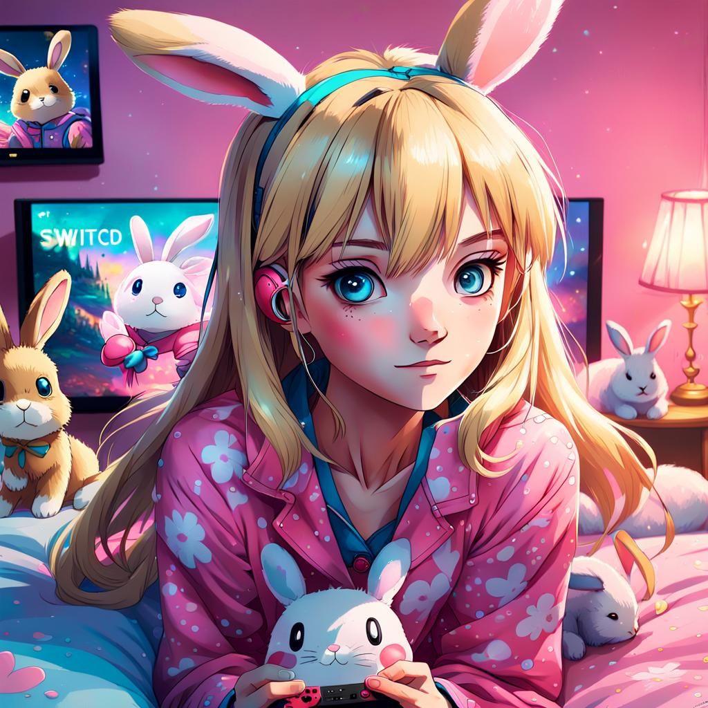 Anime Girl with Bunny in Bed: Digital Art