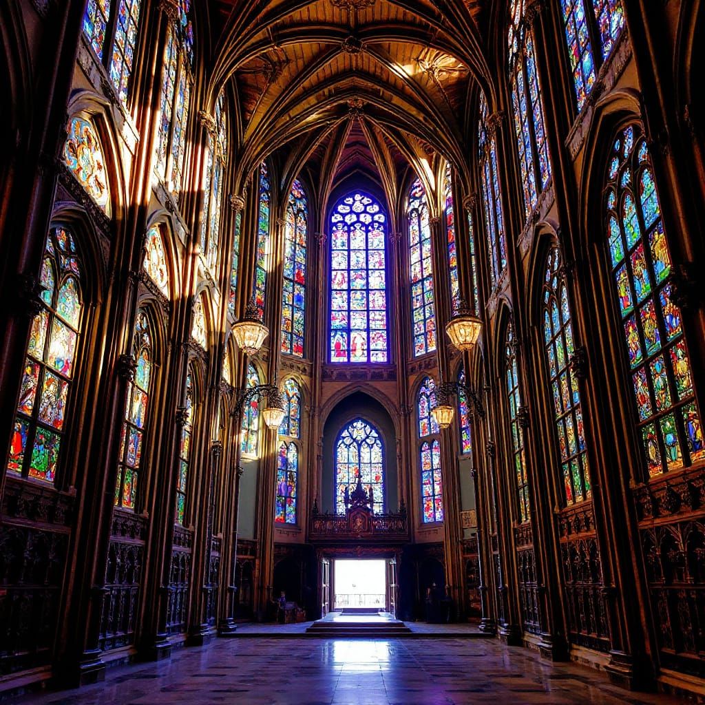Cathedral Interior with Stained Glass in Gothic Style