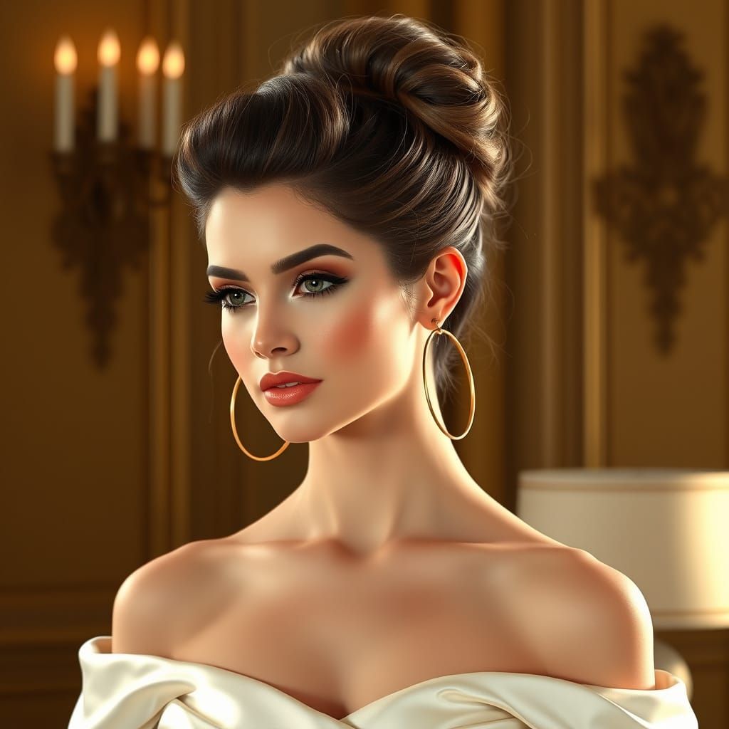 A professional beauty portrait of a young woman with a sophisticated updo hairstyle featuring a high bun. The subject we...