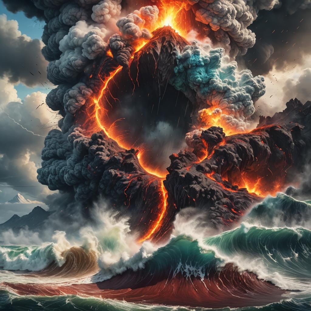 Volcano Meets Hurricane: Hyperrealistic Splash Art