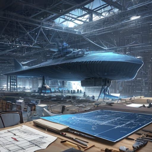 Blueprint of Whale Starship on Engineer's Workbench