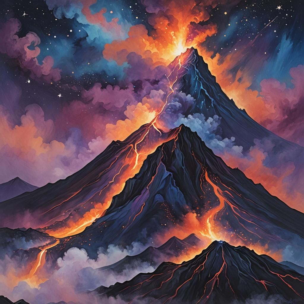 Ethereal Volcano Landscape Painting at Night