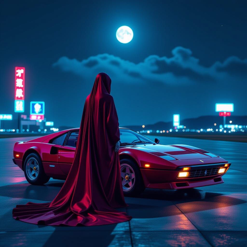 Skeletal Figure in Silk Robe Beside Vintage Ferrari