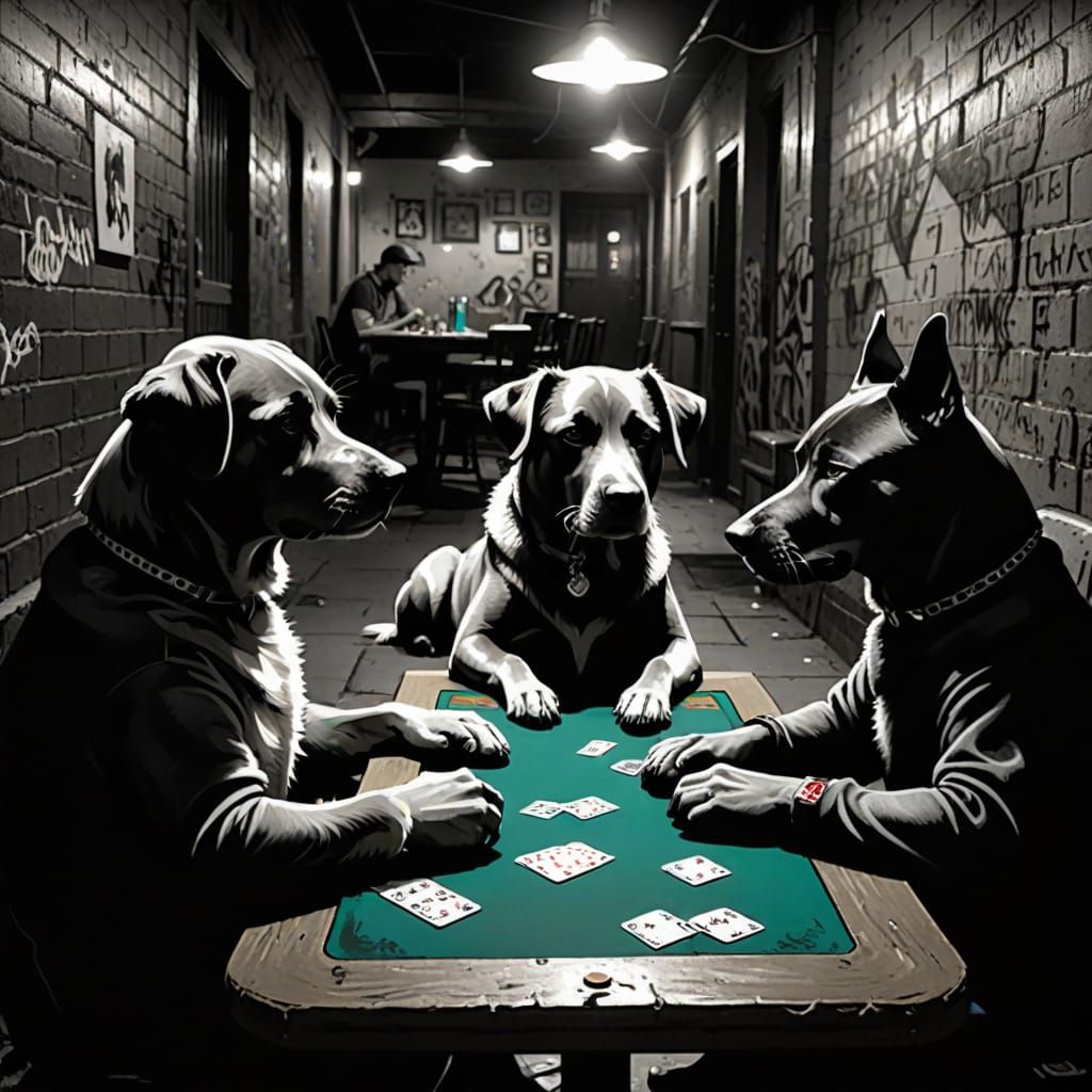 Dogs Play Poker in Gritty Street Art Style