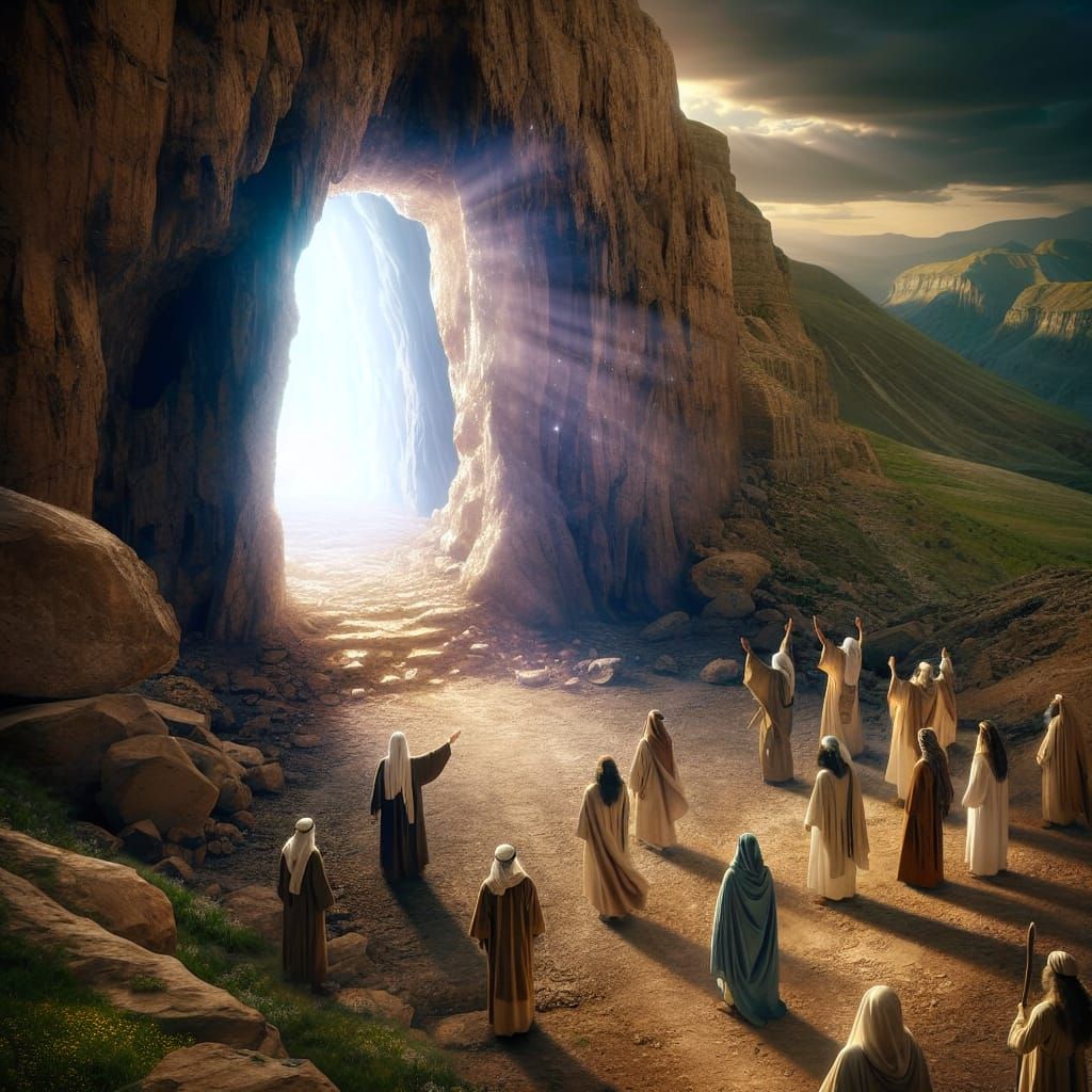 Empty Cave Radiates Divine Light onto Hillside