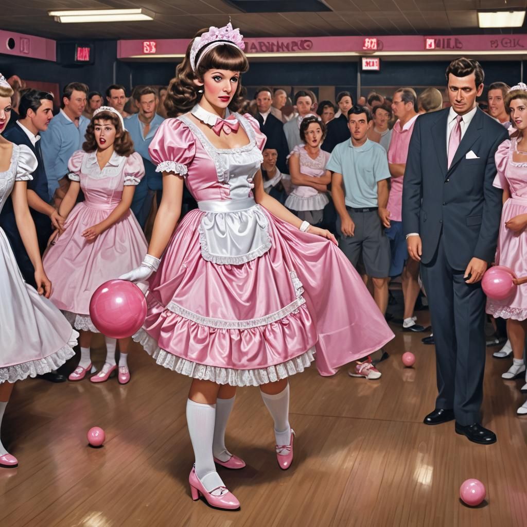 Pretty Pink Sissymaid Bowls in Dark Alley: Hyperdetailed Art