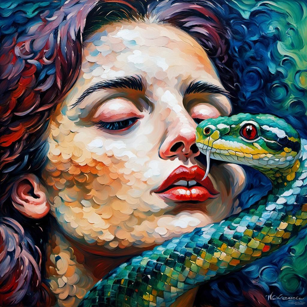Woman Kissing Snake in Impressionist Style