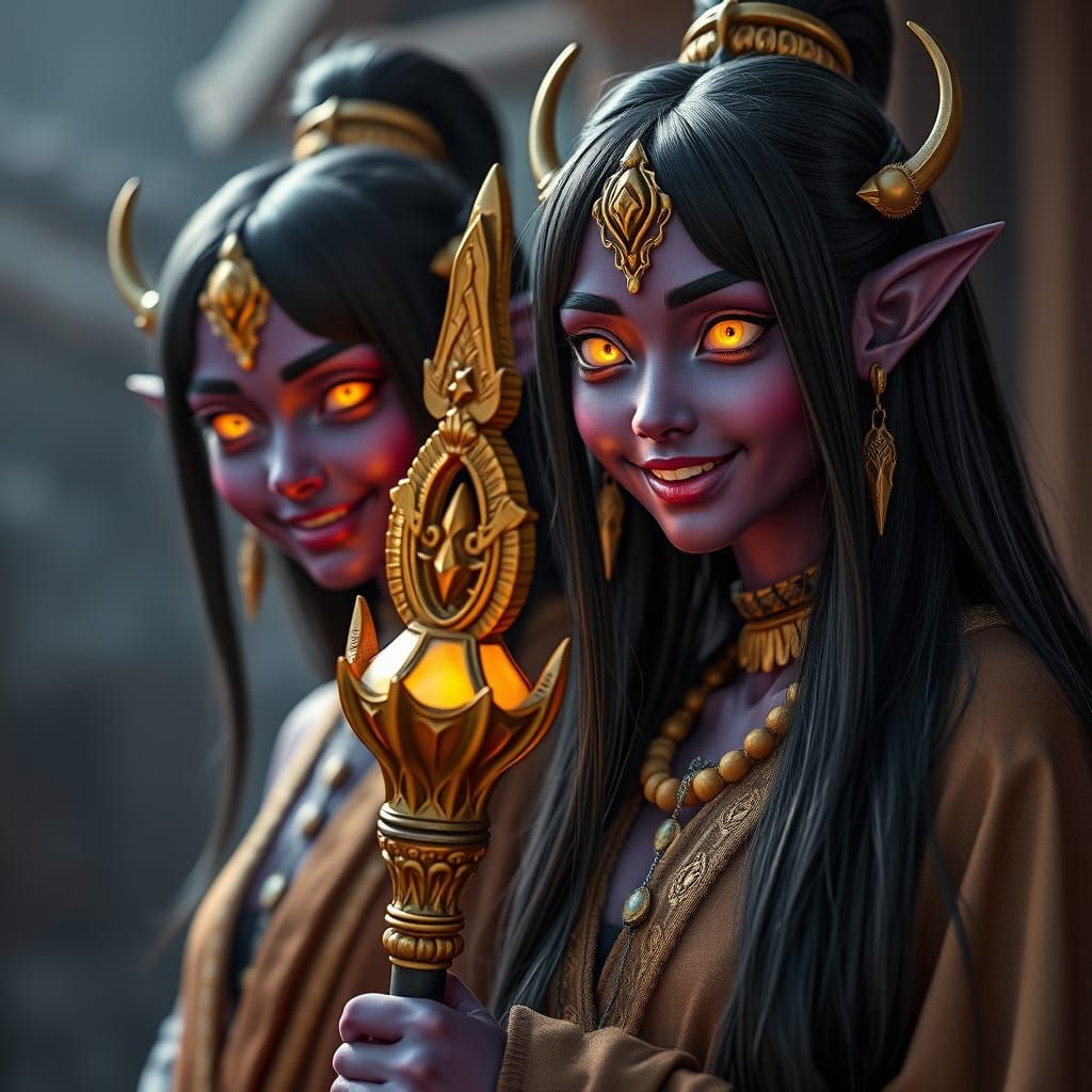 Adorable Female Tulpas in Vibrant Purple, Golden Staff in Ha...