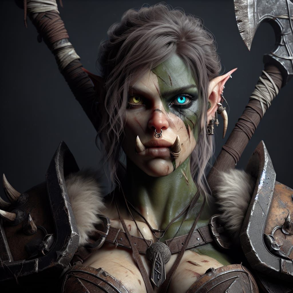 Hyper-realistic beautiful female small tusked orc warrior wi...