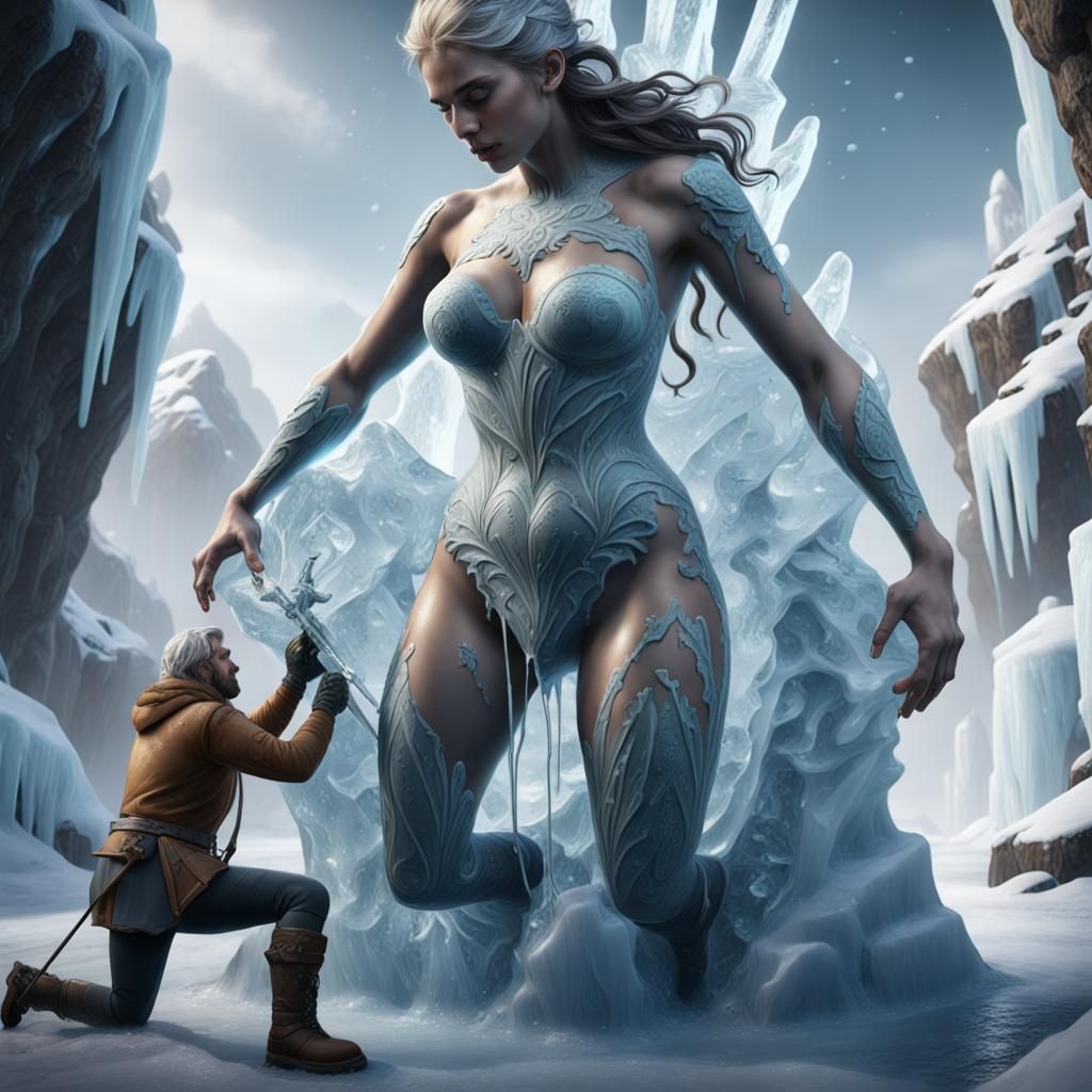 Nordic Man Carves Ice Woman: Fantasy Art