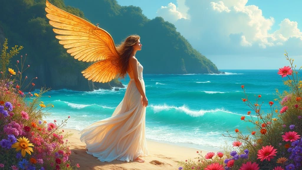 Woman with Golden Wings on Vibrant Shore