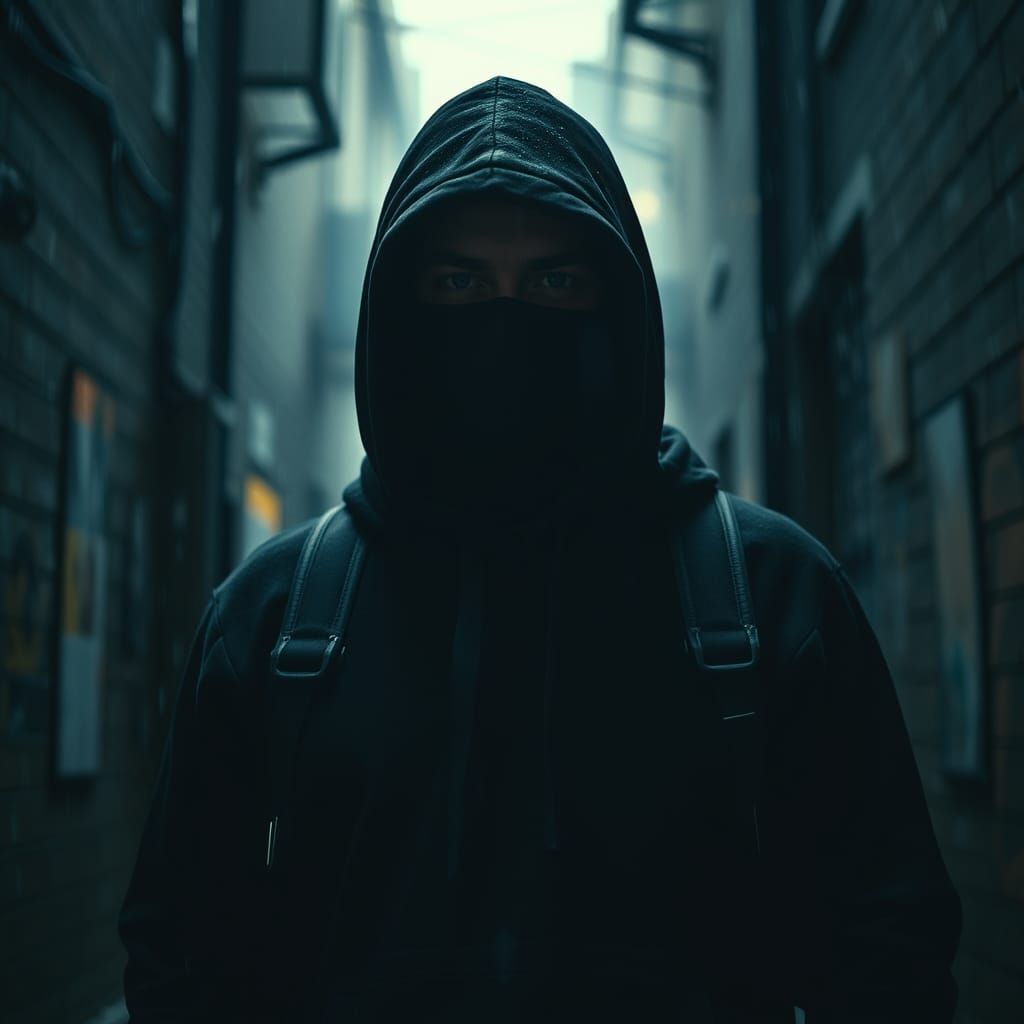 Gritty Vigilante in Rain-Soaked Alleyway