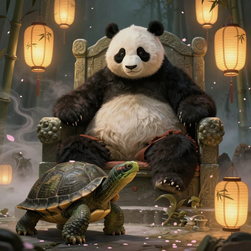 Wise Turtle Bows to Panda Emperor in Fantasy Illustration
