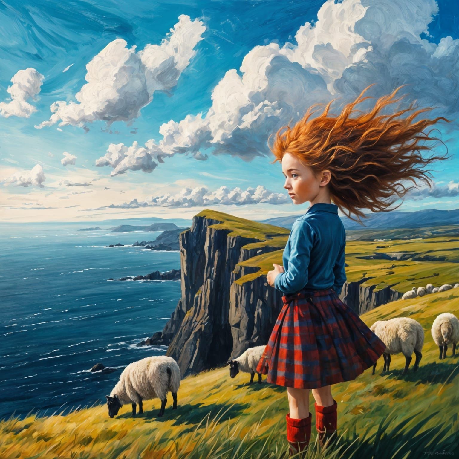 Young Girl on Scottish Moor in Impasto Style