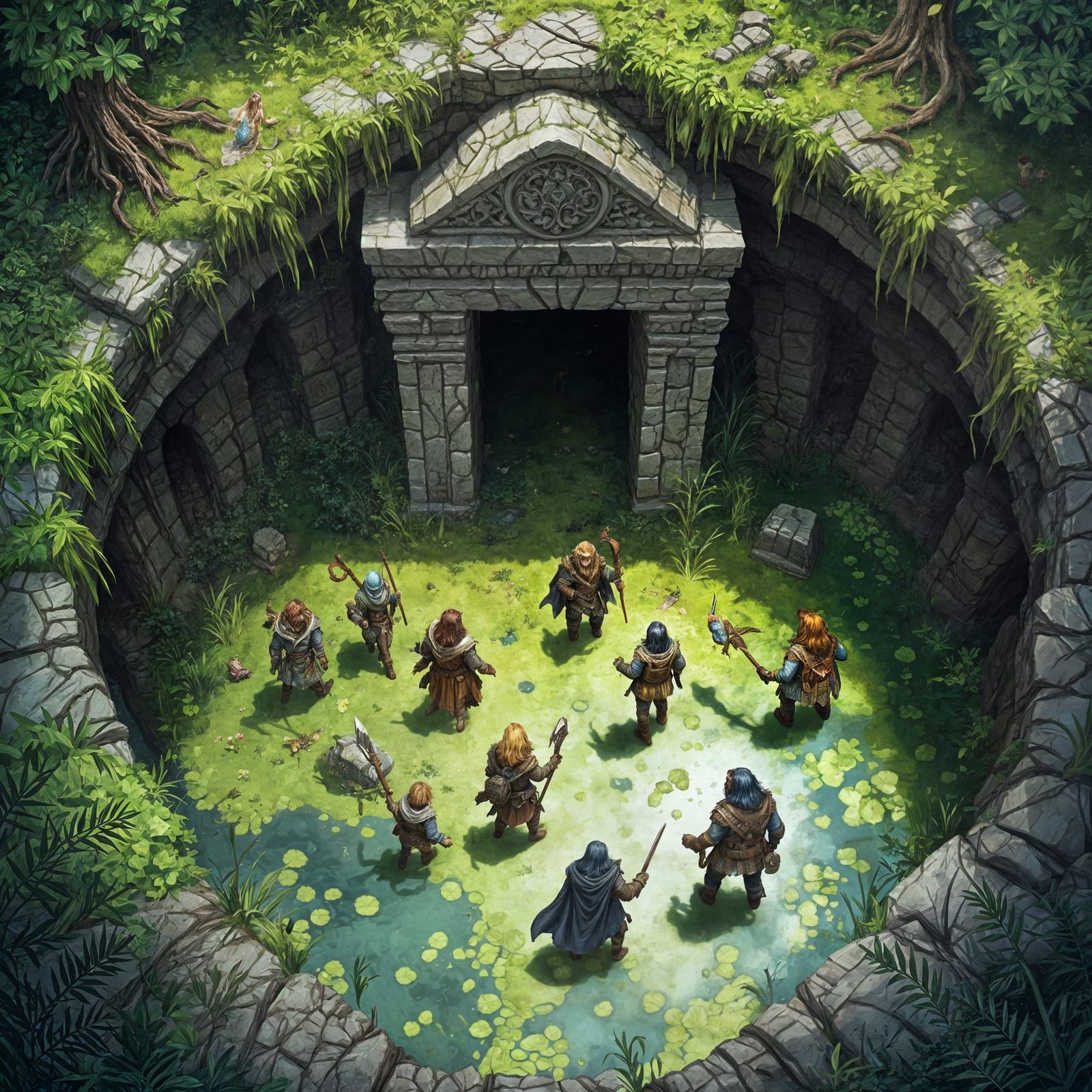 Fantasy Adventurers Enter Tomb in Swampy Valley