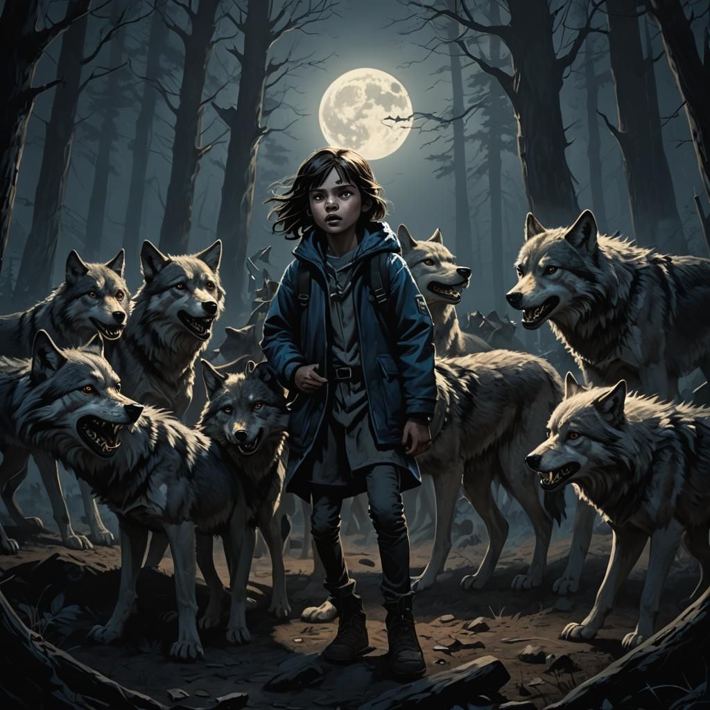 Children Protected by Wolves in Dark Fantasy Illustration