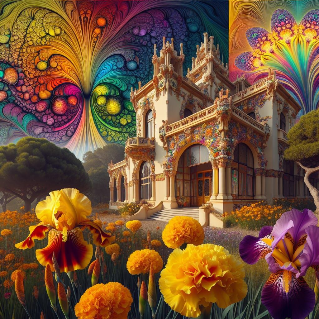 Art Nouveau Architecture with Kaleidoscopic Flowers