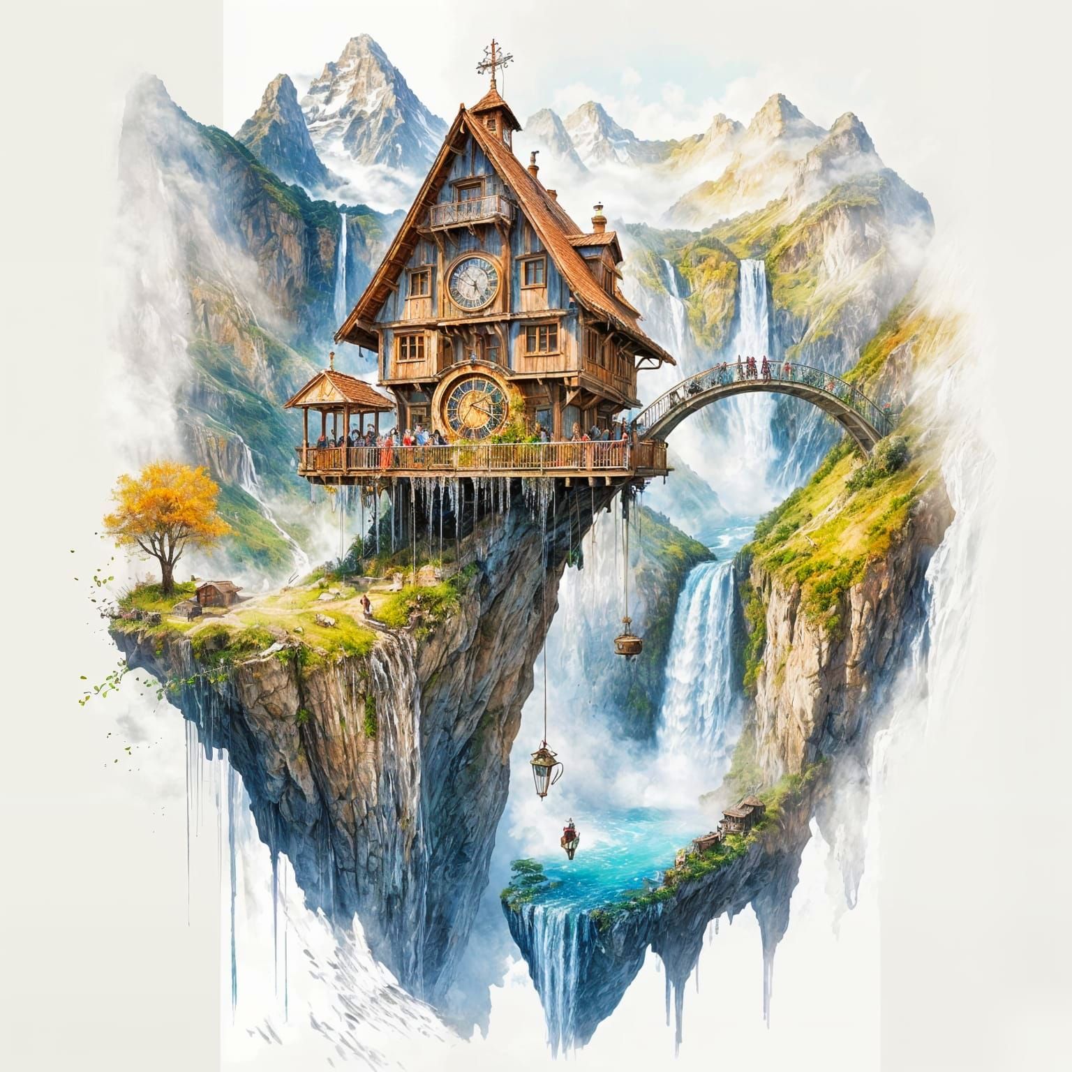 Whimsical Cuckoo Clock Cable Car Over Swiss Alps Waterfall