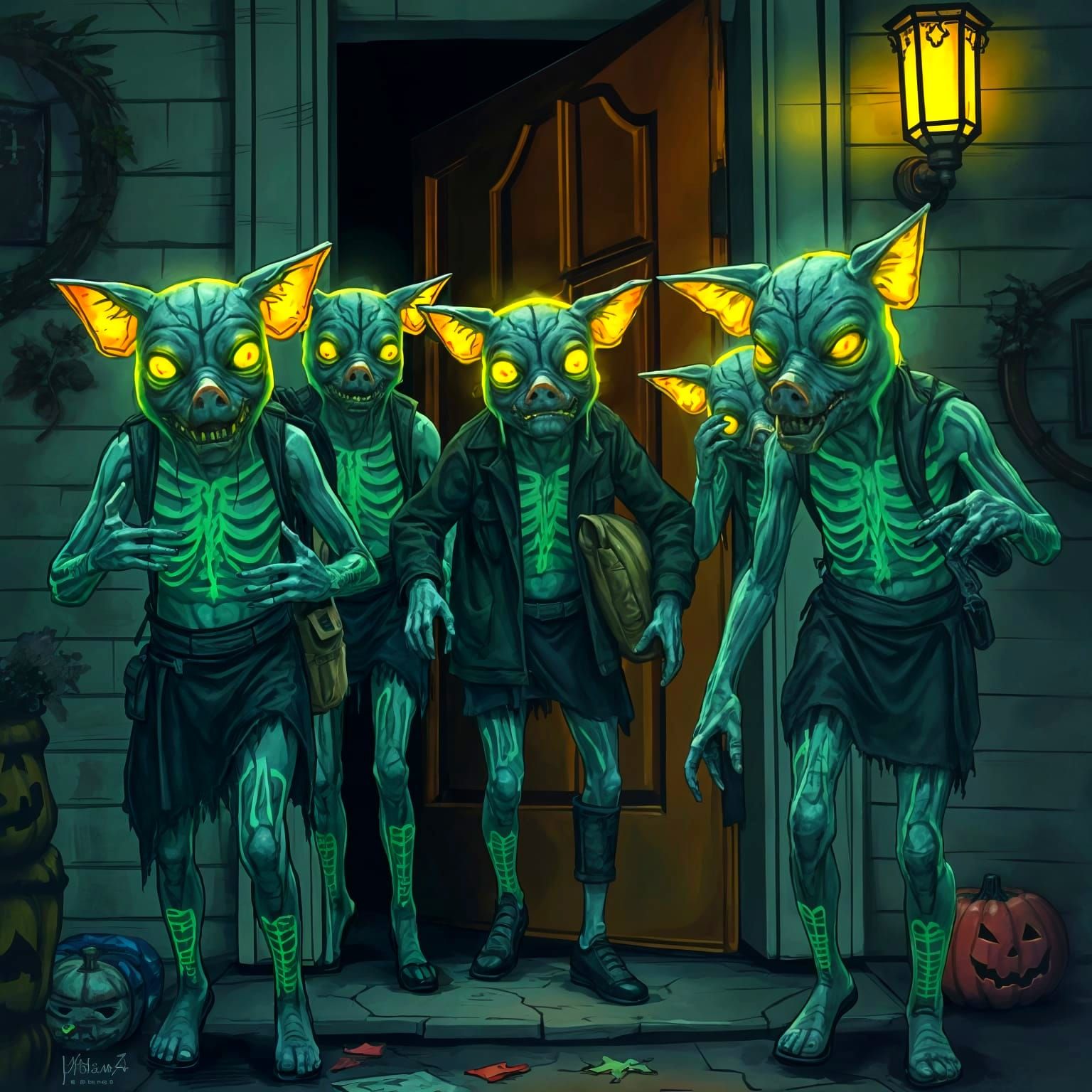 Bioluminescent Zombies with Pig Heads on Halloween Night