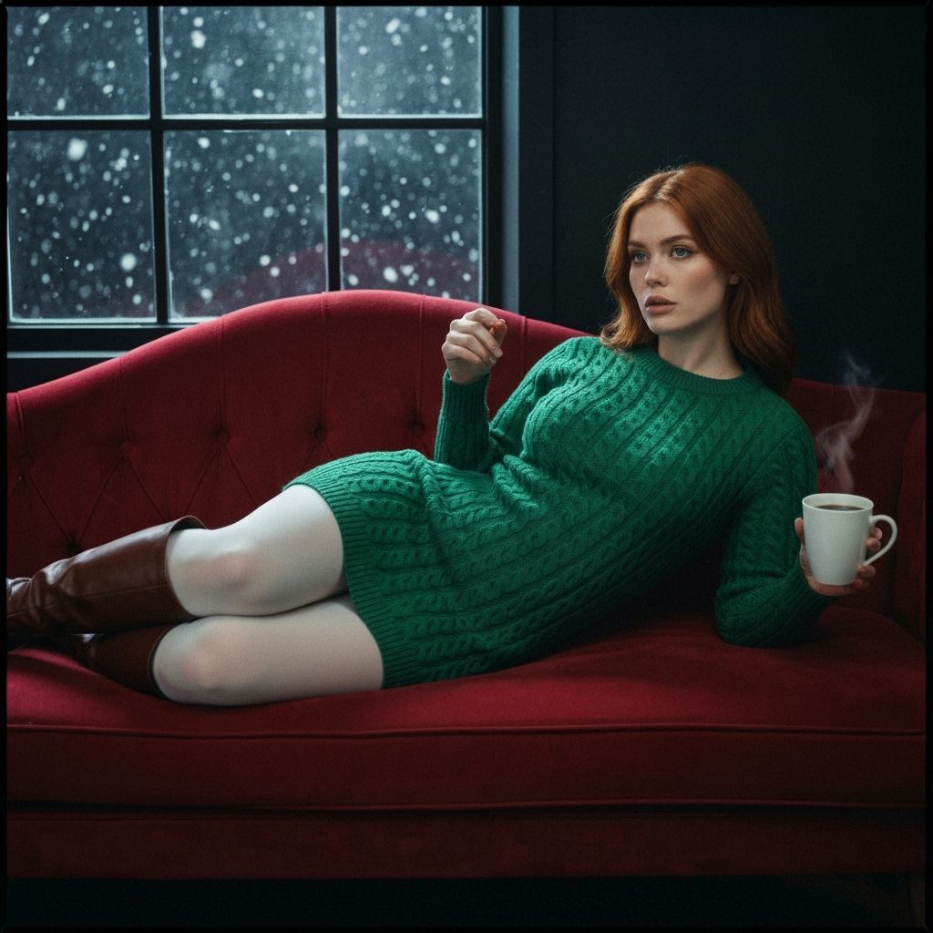 Woman in Green Sweater Dress with Coffee by Snowy Window