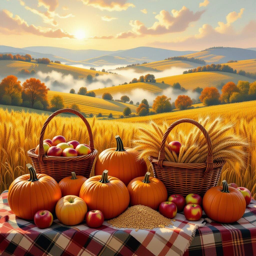 Autumn Harvest Table With Golden Pumpkins and Apples