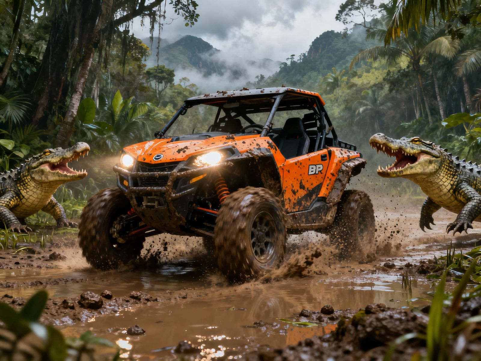 Muddy Buggy Battles Crocodiles in Tropical Swamp