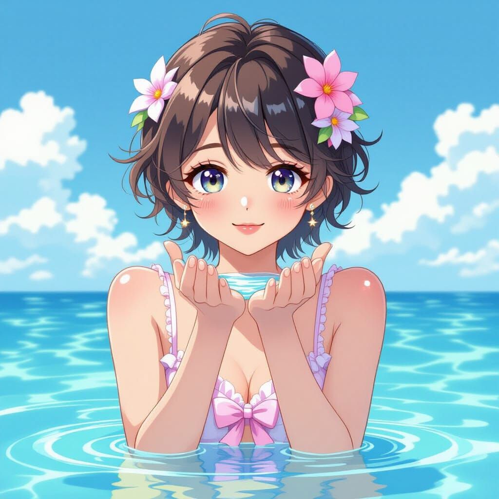 Feminine Anime Boy in Ocean, Manga Style