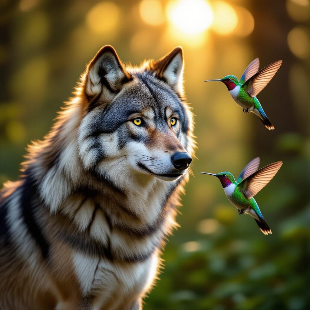 Majestic Wolf and Hummingbirds in Golden Light
