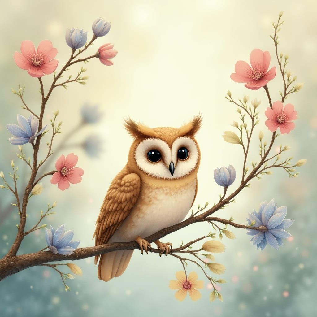 Whimsical Springtime Owl in Watercolor Style