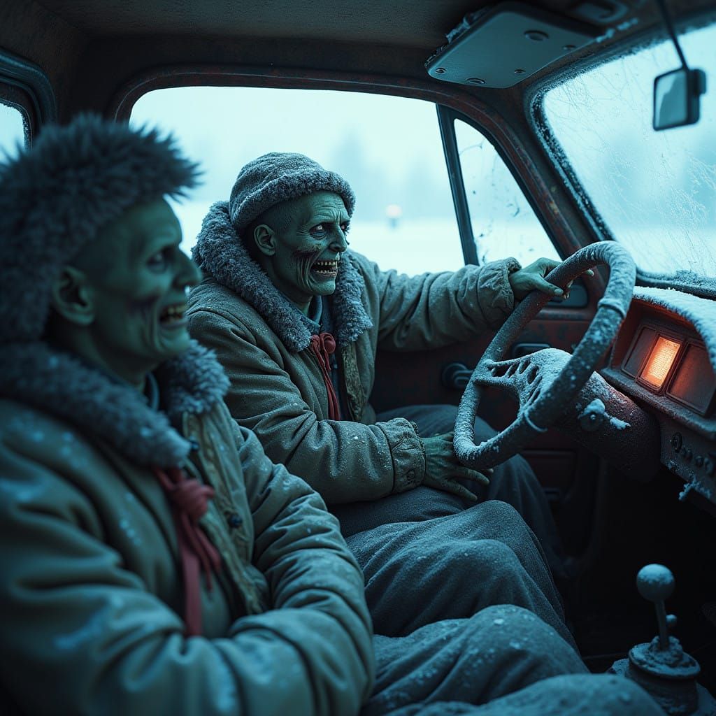 Post-Apocalyptic Winter Scene with Snow-Covered Zombies in a...