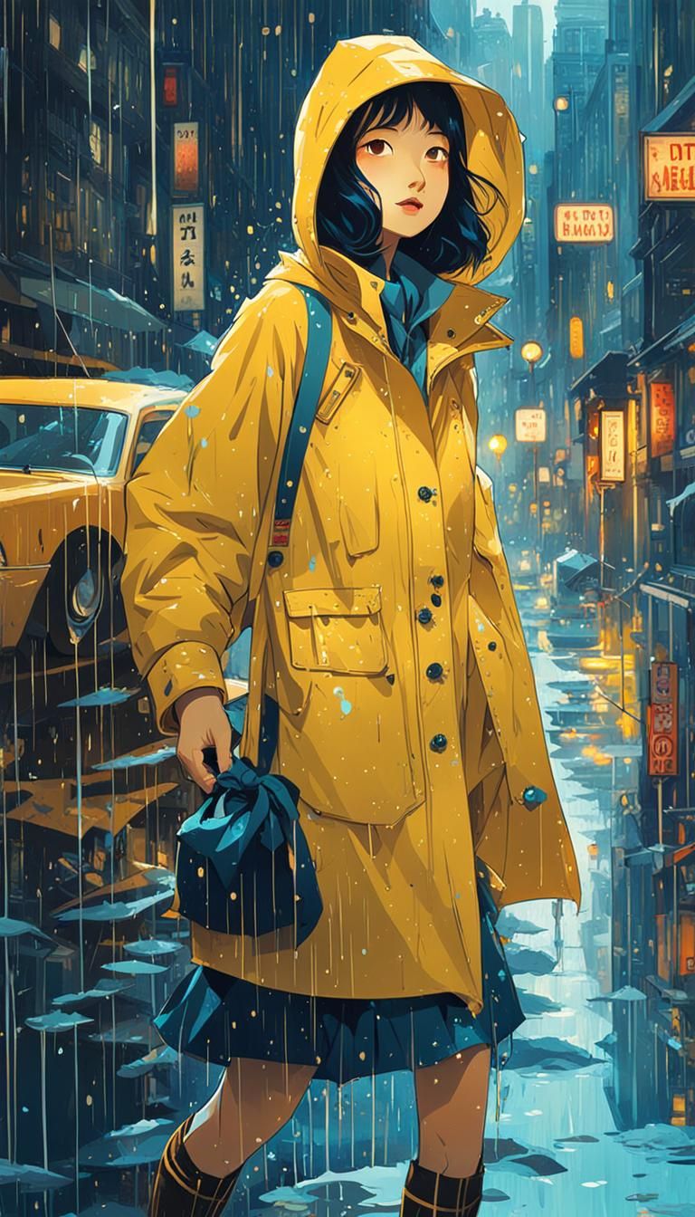 Cute Girl in Yellow Raincoat: Selective Color Art
