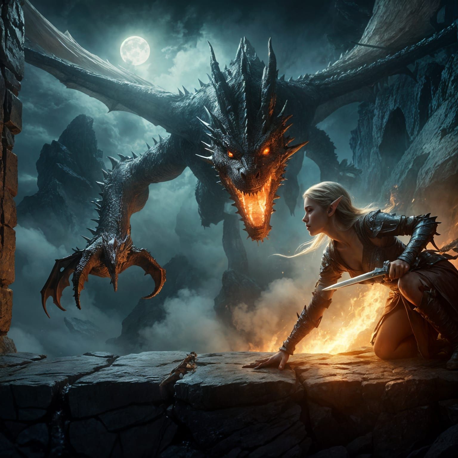 Dragon's Pursuit of Elf Warrior in Moonlight