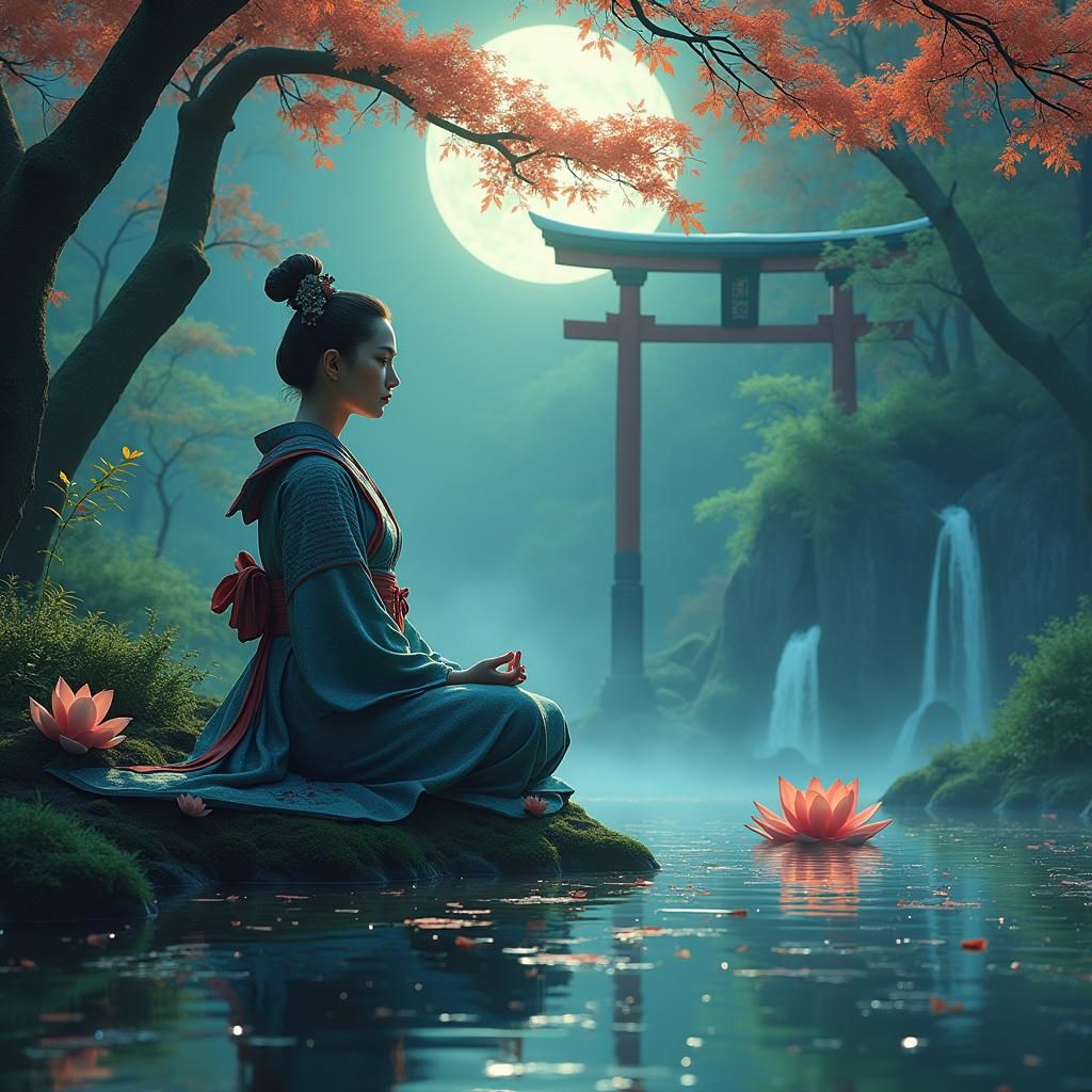 Serene Woman Meditating in Japanese Forest, Ethereal Anime S...