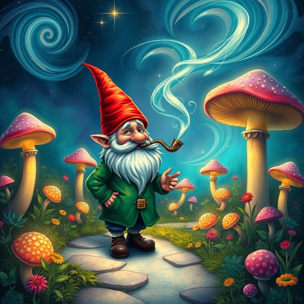 Gnome in Mushroom Garden, Holographic Illustration